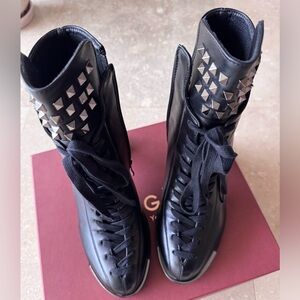 Black and Silver Lace Up Boots with Studded Design